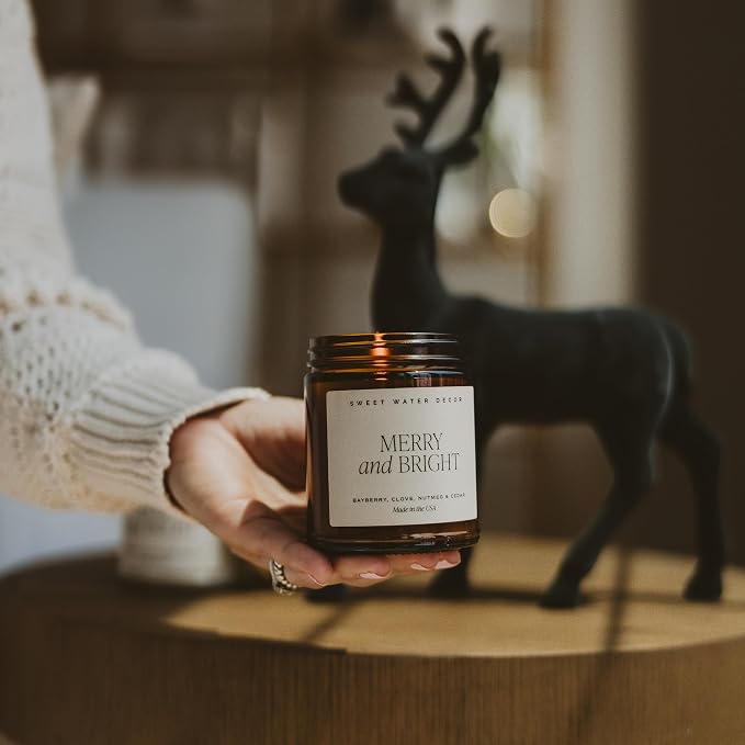 Sweet Water Decor Merry & Bright Christmas Candle, 9oz Amber Jar, Soy Wax | Bayberry, Clove, Nutmeg & Cedar Scented Soy Wax Candle, Non-Toxic Winter Fragrance, 40+ Hour Burn Time, Poured in USA, Gift