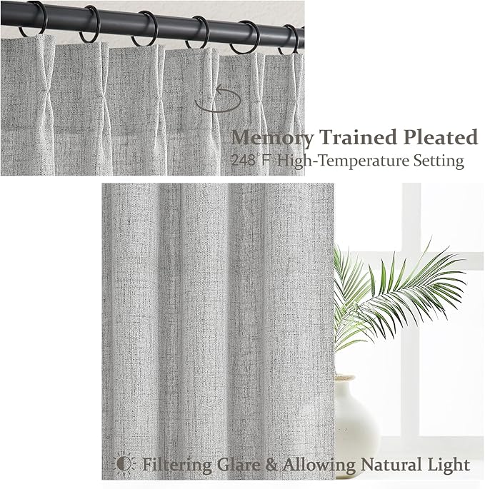 Light Gray Semi Sheer Viral 90 Inch Long Curtains for Bedroom, Memory Trained Pinch Pleated Privacy Light Filtering Sliding Glass Door Curtain 7-1/2 FT Length Grey Natural Linen Drapes 2 Panels Set