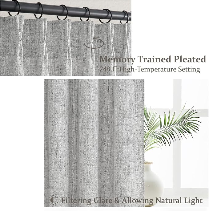 Light Grey Pinch Pleat Curtains 105 Inch Extra Long Semi Sheer Linen