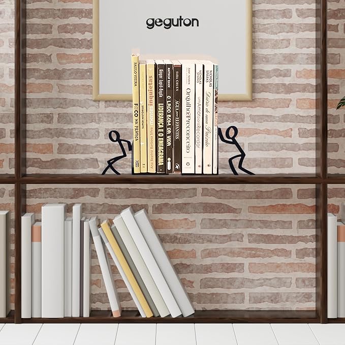 Figurine Bookends with Book-Holding Characters - Steel with Epoxy Coating - Decorative Pair of Book Holders for Shelves, Desk, and Office - Black – Geguton