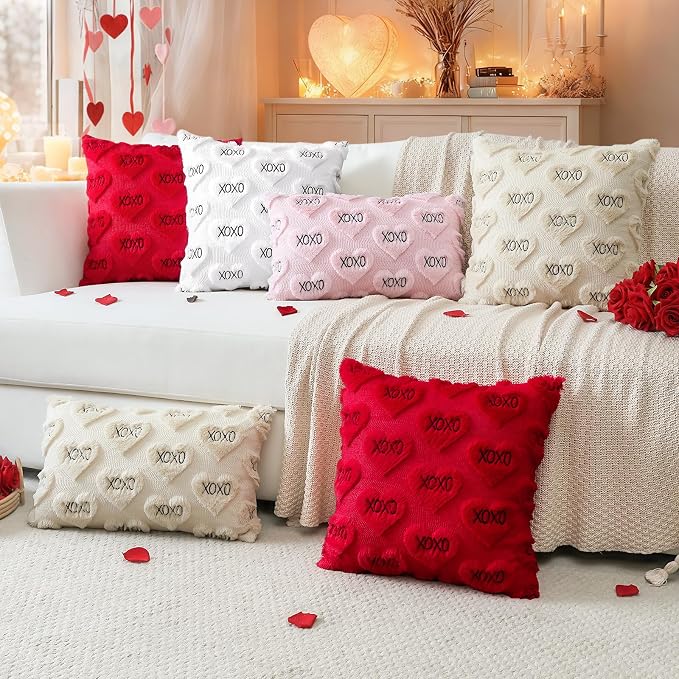 Artscope Valentines Pillow Covers 12x20 Set of 2 Decorative Love Heart XOXO Valentine's Day Throw Pillow Cases Soft Plush Faux Fur Couch Cushion Case for Holiday Sofa Bed Room Home Decor-Red XOXO