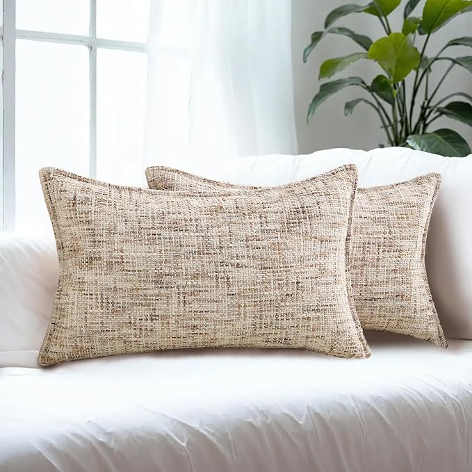 HAUSSY Pack of 2 Chenille Tweed Throw Pillow Covers 12x20 Inch,Beige Brown