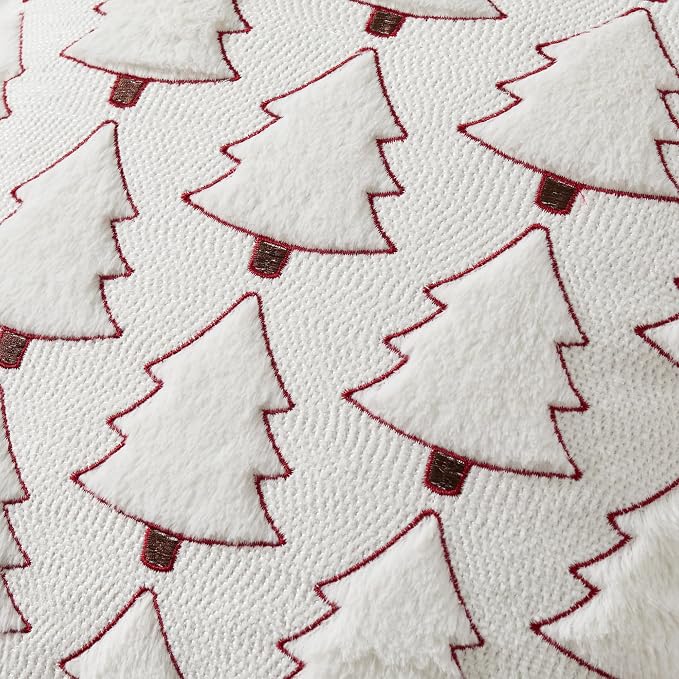 UGASA Christmas Tree Pillow Covers 18x18 Inch Set of 2 Soft Plush Faux Fur Luxury Embroidery Decoration Pillowcases for Couch Sofa Holiday Festivals Winter Xmas Gift, Cream White & Red