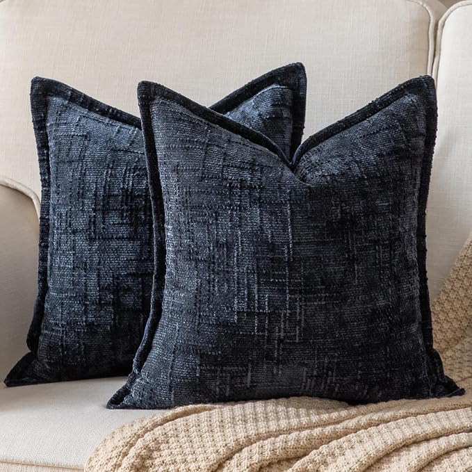Yaertun Chenille Throw Pillow Covers 24x24 Inch Set of 2 Textured Broadside Soft Cozy Velvet Pillow Covers Modern Farmhouse Boho Decorative Pillow Cases for Couch Bed Sofa Livingroom Dark Blue