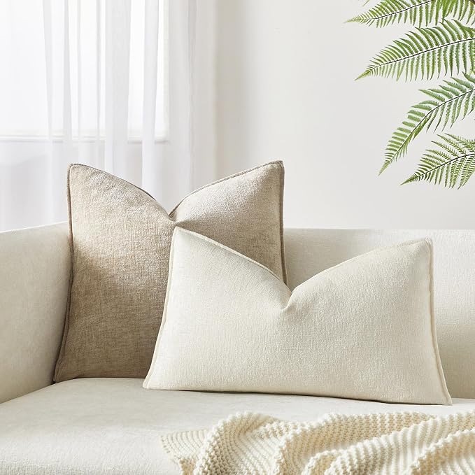 JUSPURBET 12x20 Chenille Lumbar Throw Pillow Covers Set of 2,Cream | Decorative Cozy Soft Cushion Covers Case with Hidden Zipper for Couch Sofa Bed Home Decor Living Room