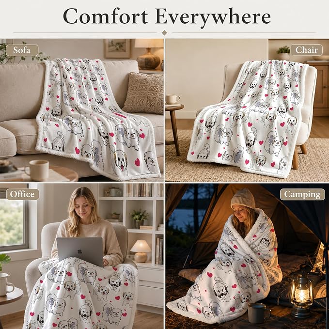 BlessLiving Throw Blanket, White Dog Animal Snowball, 50x60 Inches | sherpa fleece fabric, Shih Tzu Dense Pet Blankets Puppy print, for couch or sofa, pet lovers, easy machine care
