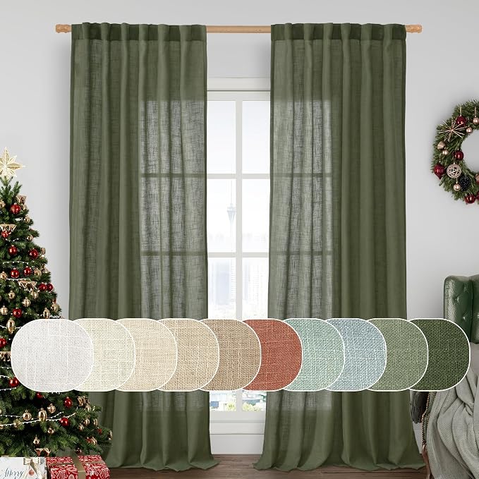 Olive Green Linen Curtains for Living Room Bedroom, 52 x 108 Inch | Light Filtering, Semi Sheer, Curtains for Bedroom, Sliding Glass Door, Christmas Decor, Rod Pocket Back Tab, 52 x 108 Inch