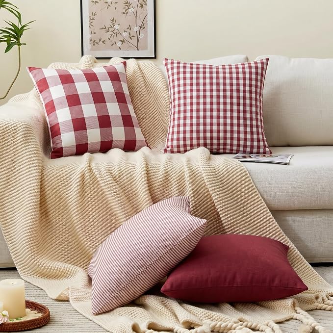 Red and White Buffalo Check Plaid Outdoor Throw Pillow Cover 20x20 Set of 4 | Red and White Christmas Plaid Pillow Covers 20x20 Set of 4, Red Checkered Striped Gingham Throw Pillows for Couch Sofa Bed