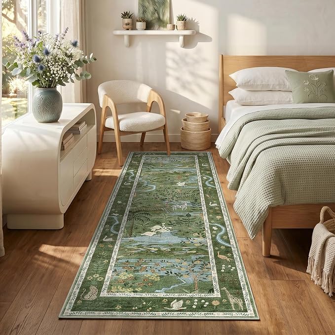 2x6 Hallway Runner Rug Non Slip Forest Nursery Runners Washable Stain Resistant Fairy Tale Whimsical Long Runner Carpets Girls Room Green Safari Animal Rugs for Living Room Kitchen Bedroom, Green