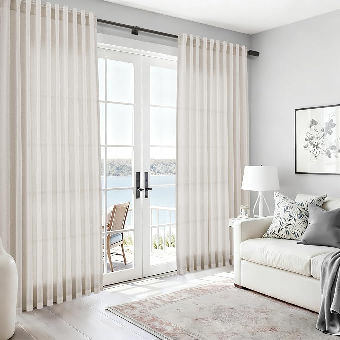 Pearl White Linen Curtains 102 Inches Long for Living Room Light Filtering Semi Sheer Curtain Back Tab Coastal Decor Floor to Ceiling Modern Drapes for Bedroom Office 52x102, 2 Panels