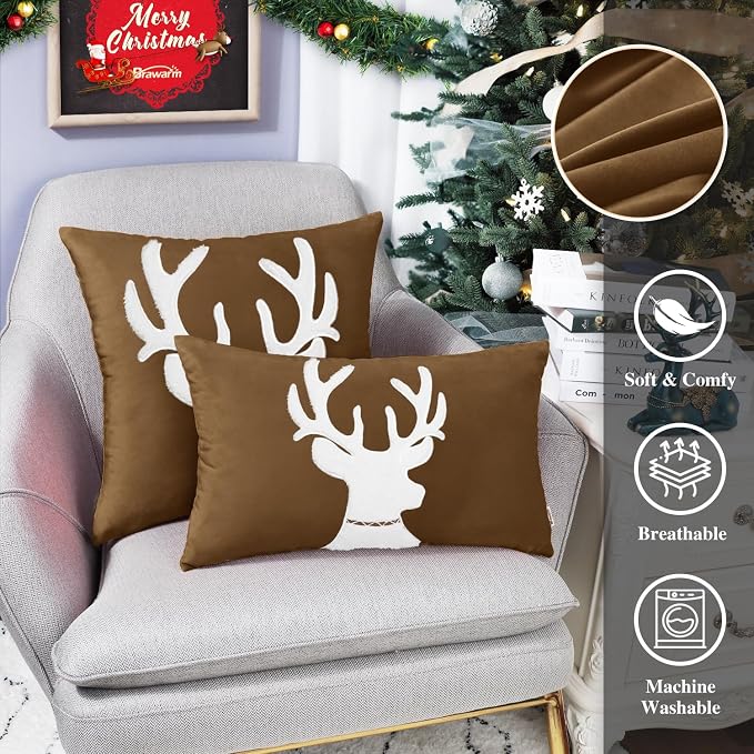 BRAWARM Christmas Pillow Cover 20 X 20 Inches, Brown Reindeer Embroidered Pillow Cover, Soft Velvet Decorative Throw Pillow for Couch Bed Sofa Living Room Home