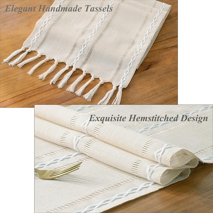 Wracra Rustic Linen Table Runner, Ivory Table Runners 36 inches Long | Raised Embroidered Hollow Design and Hand-Tassels;Cotton Linen Woven Fabric; Farmhouse Table Runner;Home Dining Decor