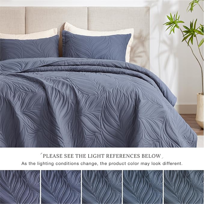 EXQ Home King Quilt Set Leaf Pattern Bluish Grey Bedspread | Soft Microfiber Bedspread, Breathable & Wrinkle-resistant Coverlet. All-season Use for Hot Sleepers. 3-pc Set with 2 Shams