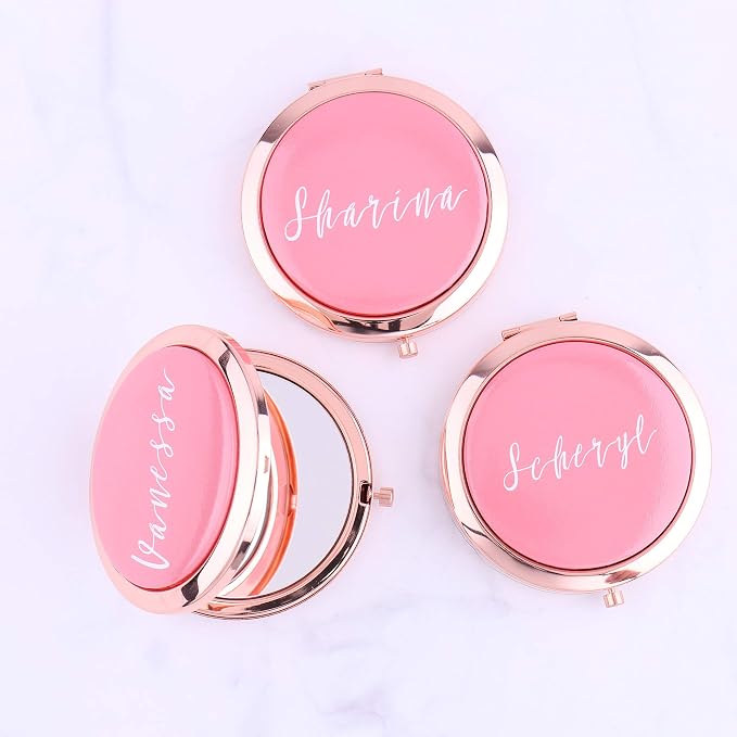 Set of 5-10, Rose Gold Compact Mirrors with Your Name Travel Pocket Mirrors Wife Anniversary Pink Bulk Bridesmaid Gifts