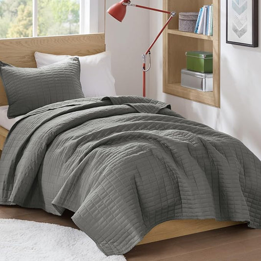 Comfort Spaces Kienna Twin Quilt Bedding Set 2 Piece, 66"x 90" Charcoal | Soft Cozy Lightweight Summer Twin XL Coverlet for College Dorm, Quilted Extra Layer, Modern Casual Bedroom Decor, OEKO-TEX