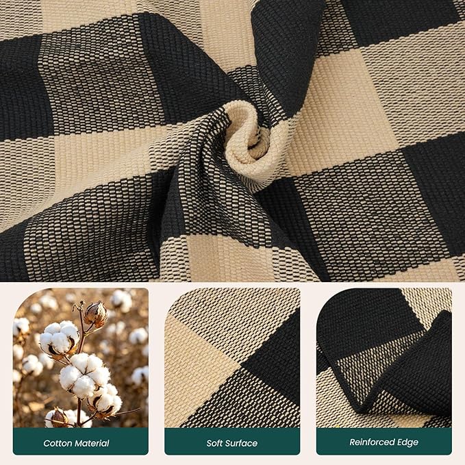KOZYFLY Buffalo Plaid Area Rugs 2x4.3 Ft Brown and Black Rug Front Door Mat | Washable Front Door Rug, Woven Cotton Indoor Outdoor Rug, Front Porch Kitchen Entryway Patio Farmhouse Checkered Doormat