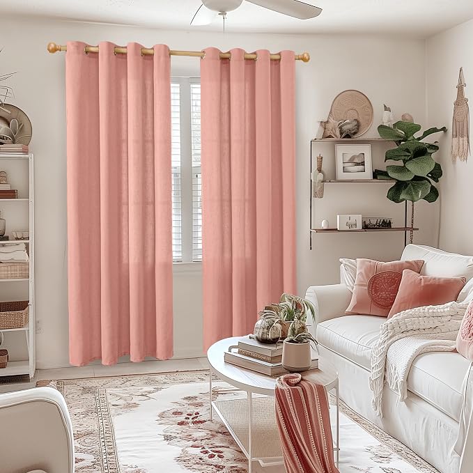 YoungsTex Dusty Rose Pink Linen Curtains 84 Inch Length for Living Room Spring, Blush Peach Semi Sheer Drapes with Grommet Light Filtering for Bedroom, 2 Panels, 52 X 84 Inch