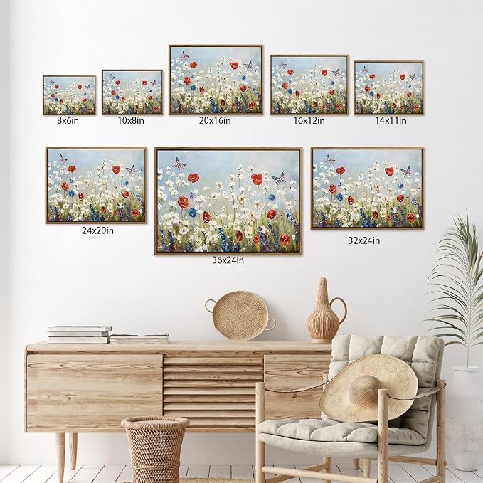 Wildflower Field Framed Canvas Wall Art, 4th of July Canvas prints | Vintage Rustic Landscape Poster Print, Independence Day Wall Decor for Bedroom Living Room 24×32in