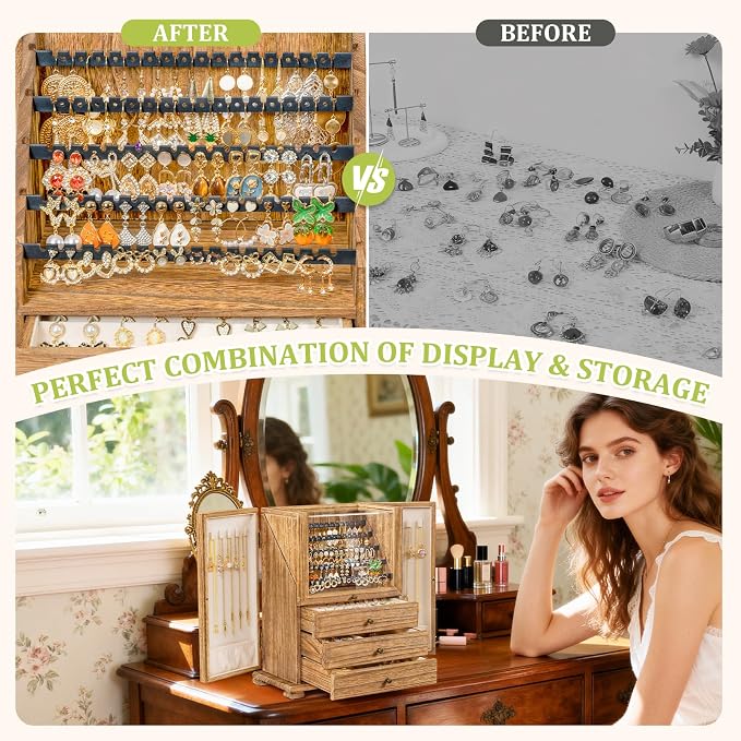 Jewelry Box Organizer, Rustic Wooden Jewelry Boxes for Women Girls, Large Storage Earring Holder Organizer Display for Earrings Necklaces Rings Bracelets (Rustic Brown)