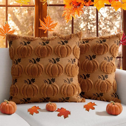 Thmyo Fall Throw Pillow Covers 18x18 inch Set of 2 Pumpkin Decorative Pillow Cases with Embroidery, Soft Plush Faux Fur Wool Square Cushion Covers for Sofa Couch Bed Home Winter Autumn Harvest Decor