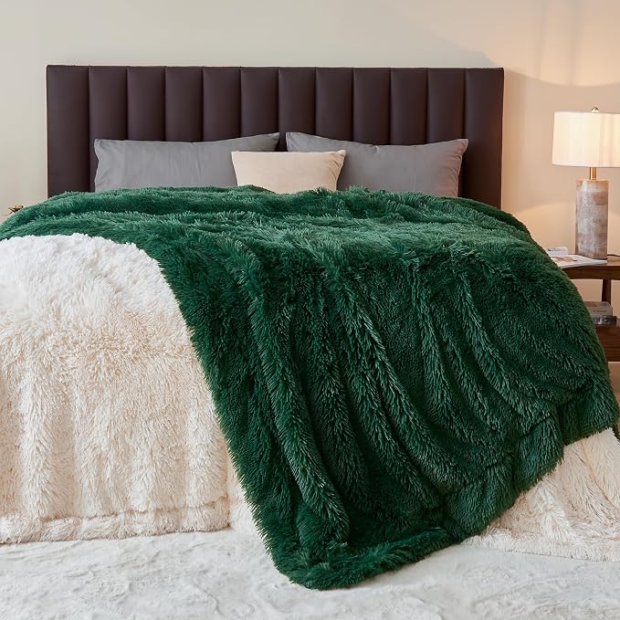 GONAAP Fuzzy Faux Fur Throw Blanket for Couch, Dark Green, 50"x60" | Warm Cozy Plush Shaggy Decorative Reversible Thick Non-Heated Fleece Blanket for Sofa Bed, Gift for Women Men, All Season Use