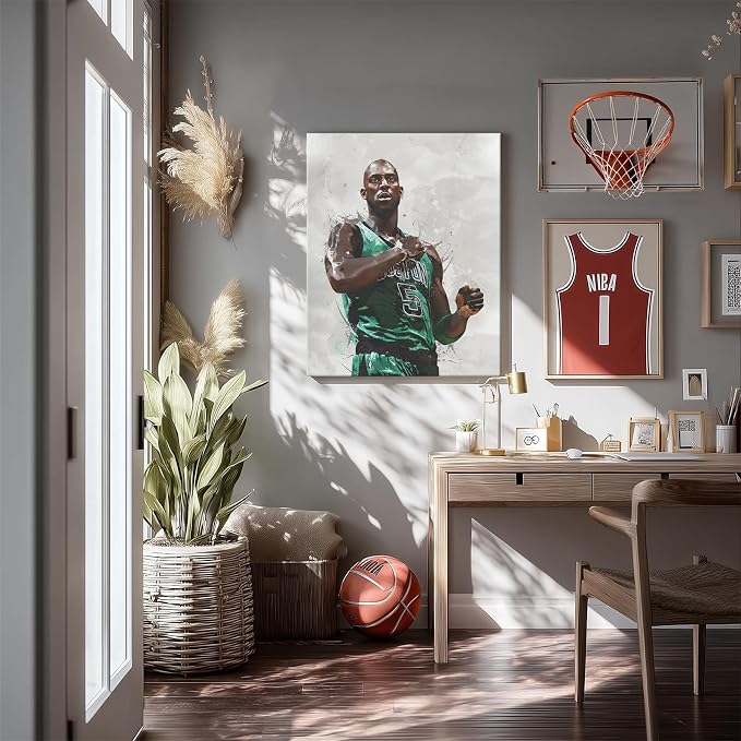 Kevin Garnett Basketball Canvas Wall Art, Sports Player Poster, 24x30 Inch | Abstract splash ink athletic artwork, motivational sports wall decor for teen boys room, bedroom, living room, gym or office
