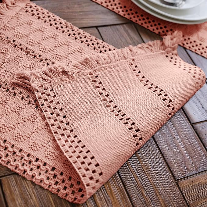 Macrame Table Runner Pure Pink Boho Table Runners with Tassels 12x48in | Alynsehom Hand Woven Cotton Table Runner Rustic Farmhouse Table Runners for Bohemian Kitchen Dining Table