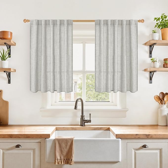 YoungsTex Light Grey Linen Curtains 36 Inch Length for Kitchen Cafe Window | Short Semi Sheer Drapes Textured with Rod Pocket Back Tab for Bathroom Window Over Sink, 2 Panels, 42 X 36 Inch