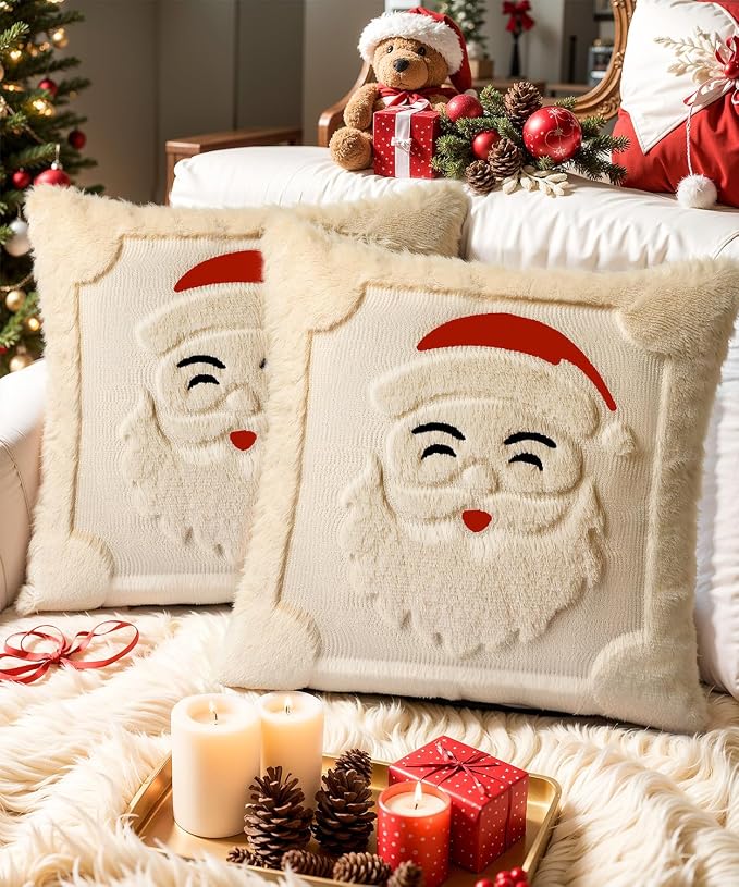Christmas Pillow Covers Set of 2 Soft Plush Faux Fur Pillow Cases 3D Embroidered Decorative Couch Cover Home Decor Christmas Throw Pillow Covers 18x18,Beige Santa Clauss