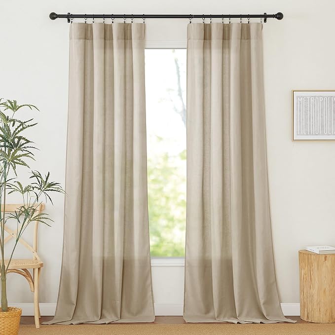 RYB HOME Linen Sheer Curtains 2 Panels for Living Room, Semi Transparent Privacy Drapes with Rod Pocket Farmhouse Style Window Treatments for Bedroom, Taupe, 52" W x 102" L