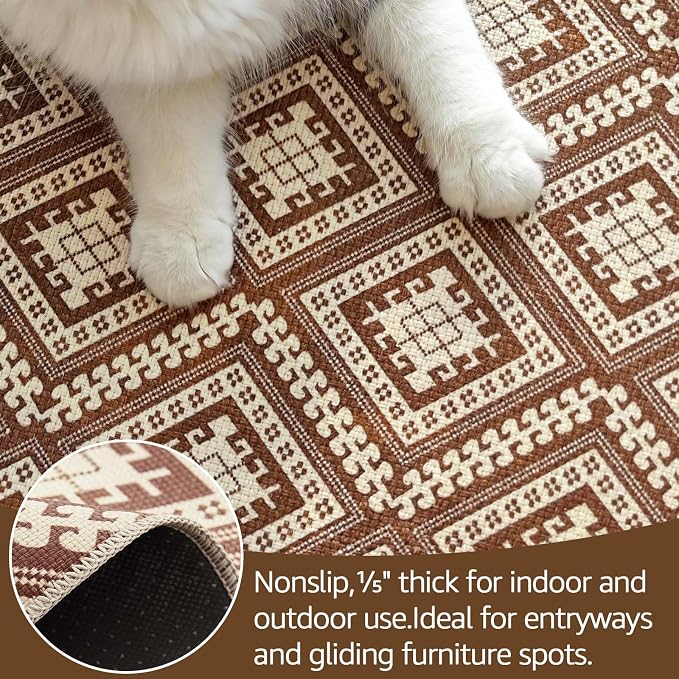 jinchan 2x6 Faux Jute Runner Rug Washable Hallway Rug Terracotta Brown | Vintage Geometric, Non-Slip, Low Pile, Indoor Outdoor, High-Traffic, Kitchen, Bathroom, Laundry, Porch, Balcony, Entryway