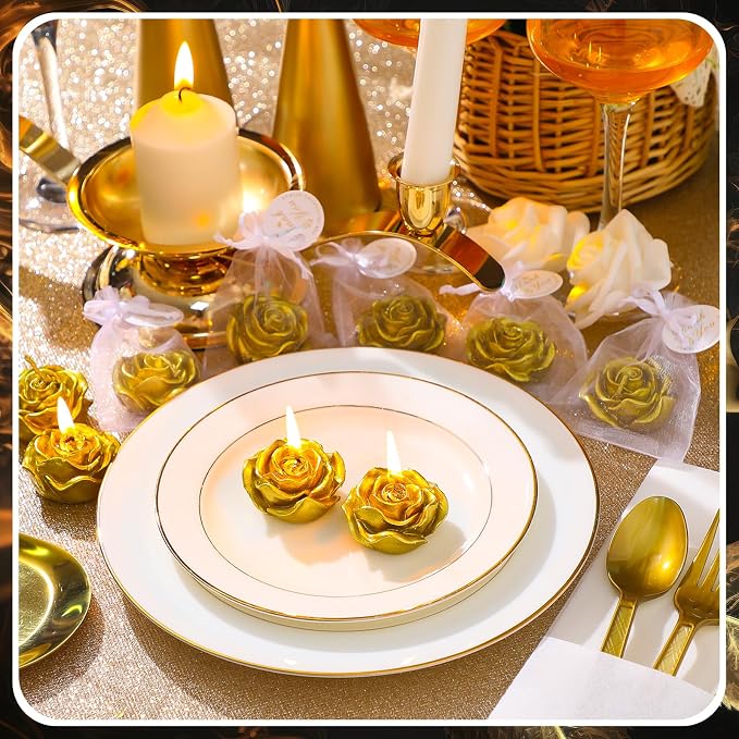 Treela 24 Set Rose Flower Candles, Gold Wedding Favors for Guests