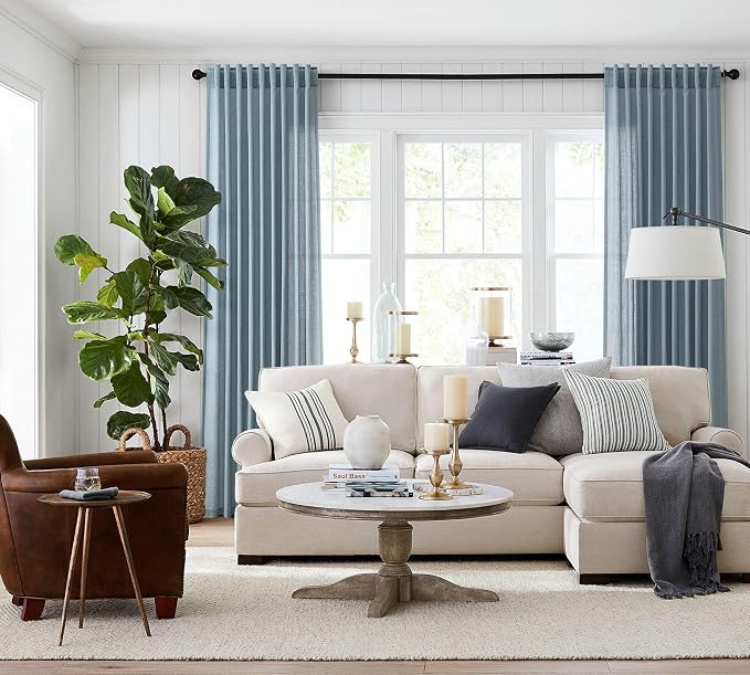 Jowels Blue Linen Curtains 105 Inch Long 2 Panels for Living Room | Light Filtering Semi Sheer Curtain, Back Tab Pocket Pleated Look, Boho Farmhouse Textured Privacy Drapes for Bedroom Window
