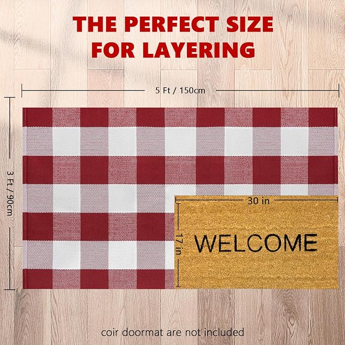 Buffalo Plaid Area Rug, Checkered Rug 3x5 Ft, Red and White Rug, Washable Cotton Mat for Front Porch, Entryway, Kitchen, Living Room, Christmas Decor