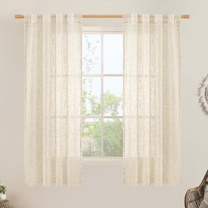 Beige Semi Sheer Beige Linen Curtains 63 inch 2 Panels, 34 x 63 Inch | Light Filtering Panels, Faux Linen, Neutral Drapes for Bedroom, Living Room, Window Treatment, Rod Pocket Back Tab, 2 Panels