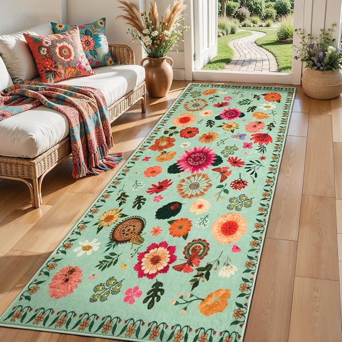 Ciicool 2x6 Runner Rug Non Slip，Floral Washable Kitchen Rugs for Hallways | Entryway Rug for Laundry Bedroom Bathroom Bedside,Boho Soft Low Pile Carpet Indoor Floor Mat Decor