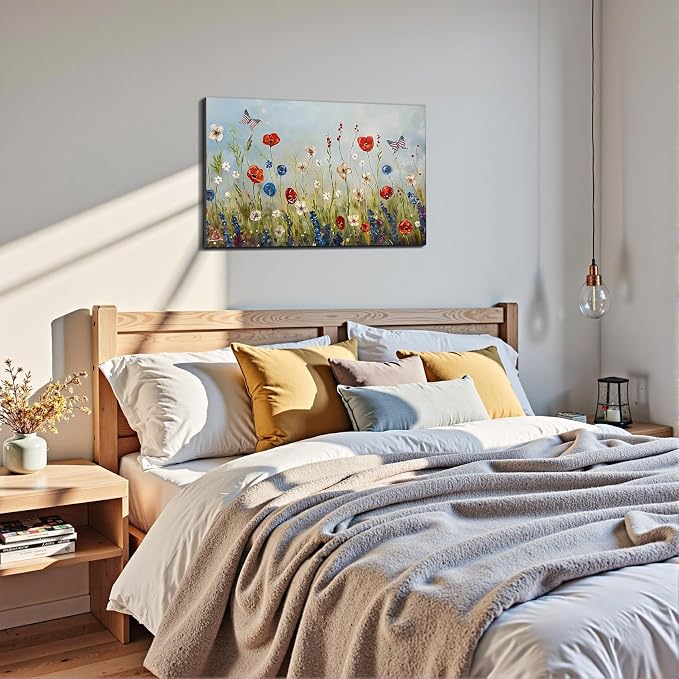 Framed American Flag Butterfly Wildflower Wall Art, Patriotic Floral Canvas Art Pictures, USA Flag Wall Decor, Made in USA Ready to Hang for Living Room Bedroom