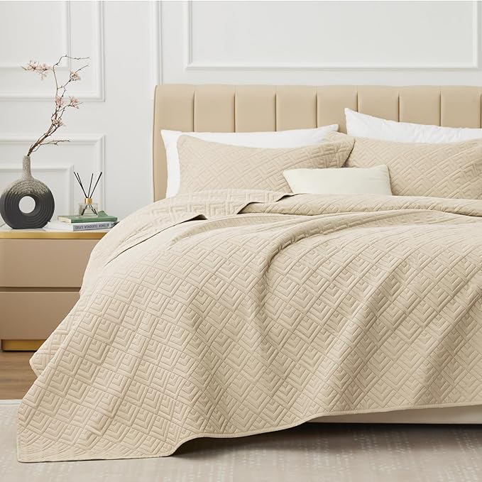 EXQ Home Quilt Set Queen Size Summer Squares Pattern Beige Bedspread | Bedding Set For All Season Use, Soft & Breathable Coverlet,3-Piece Set Includes 2 Shams, Machine Washable