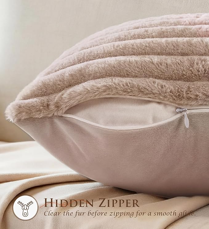 Pack of 2 Throw Pillow Covers 18x18 Decorative Solid Plush Faux Fur with Soft Velvet Back, Square Striped Cushion Cases Modern Farmhouse Home Decor for Living Room Couch Sofa Bed Apricot
