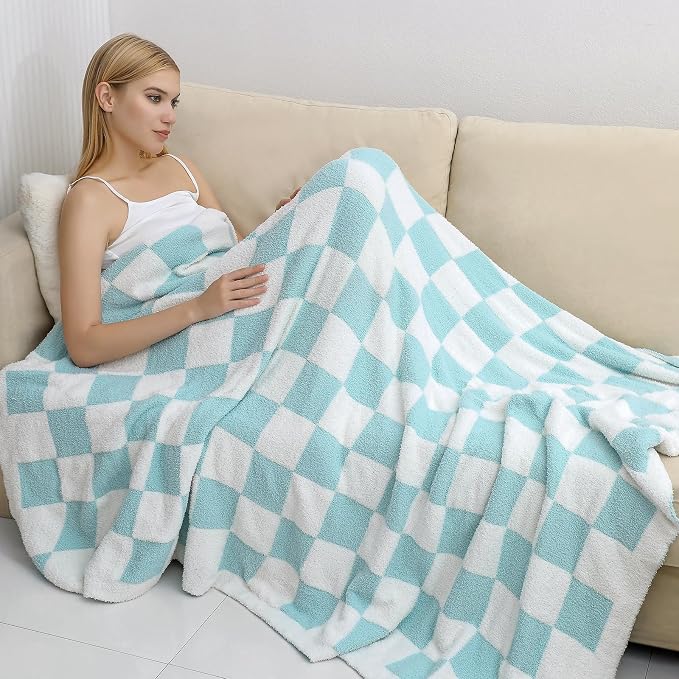 bearberry Soft Plush Throw Blanket for Couch, Cozy Warm & Lightweight | Knitted Fluffy Checkered Comfort Home Decor Gift for Women Mom Her, Sofa Chair Bed, 40x50in, Blue