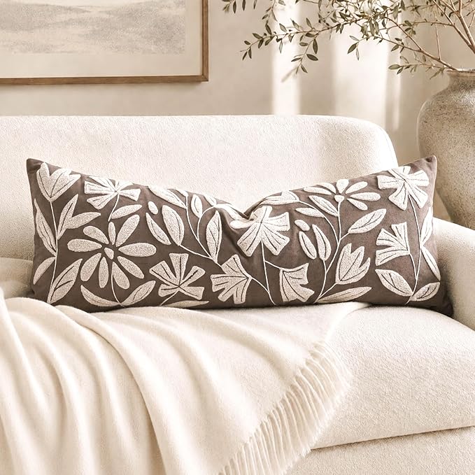 BlissBlush Long Lumbar Pillow Cover 14x36 for Bed, Taupe Brown Floral Tufted Velvet Accent Oversize Throw Pillowcase for Bedroom, Cover Only
