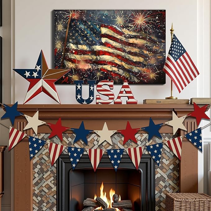 Framed 4th of July Fireworks American Flag Wall Art, Patriotic USA Canvas Art Pictures, Flag Wall Decor for Living Room Man Cave Bar, Ready to Hang Made in USA