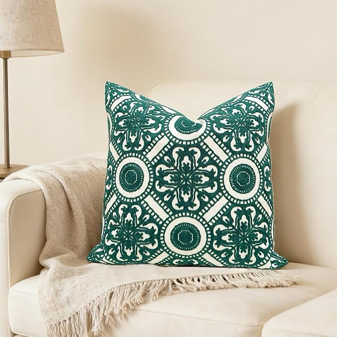 Slow Cow Embroidery Decorative Throw Pillow Cover Cushion Cover for Couch Sofa Bedroom Flower Pattern Pillowcase Accent Pillow Cover 18 x 18 Inches