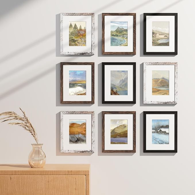 Vittanly 8x10 Picture Frames Set of 9, Black&Brown&Distressed White | Display Pictures 5x7 with Mat or 8x10 without Mat, Small Photo Frames, Engineered Wood with Shatter Resistant Plexiglass