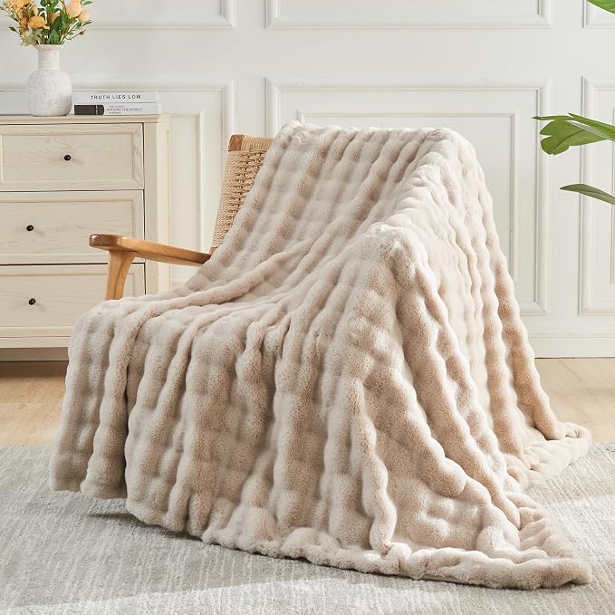 NEWCOSPLAY Faux Fur Fluffy Bubble Twin Blanket for Couch, Linen, 60"x80" | Soft Thick Warm Bubble Blanket for Couch Sofa Bed 550GSM, Plush Cozy Luxury Decorative Throw, Gift for Women Men