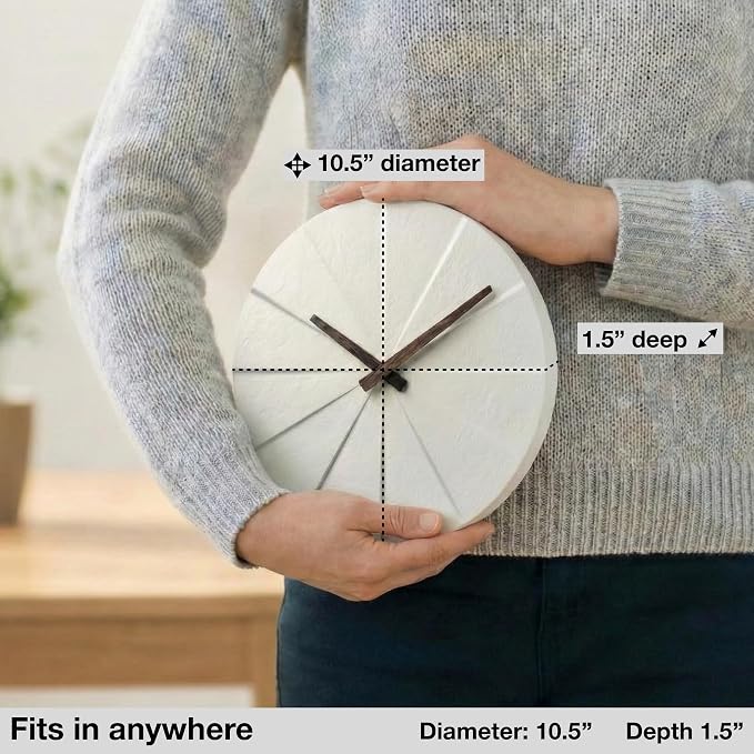 Driini Modern Wall Clock with No Numbers and Wooden Hands. White, 10.5 Inch | Silent battery operated quartz; frameless stepped polyresin face; decorative minimalist style for a living room or office.