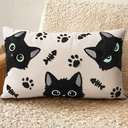 Embroidered Lumbar Pillow Cover 20x12 Inch, Cat Bone | Decorative Throw Pillow Cover, Whimsical Cushion Case with Hidden Zipper, Cottagecore Decor for Couch, Sofa, Living Room