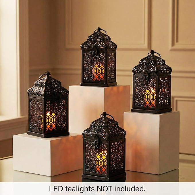 VELA LANTERNS Mini Tower Temple Moroccan Lantern Lamp Decorative Candle Holders for Ramadan Decorations, Hanging, Outdoor Patio or Porch, Indoor Home Decor, Black, Set of 4