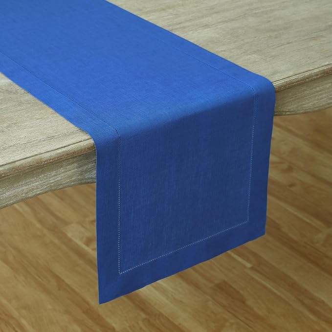 Solino Home 100% Pure Linen Table Runner Blue, Classic Hemstitch 14 x 60 in | brings a tailored look to family meals and hosting, hemstitched border, mitered corners, machine washable, OEKO-TEX Certified