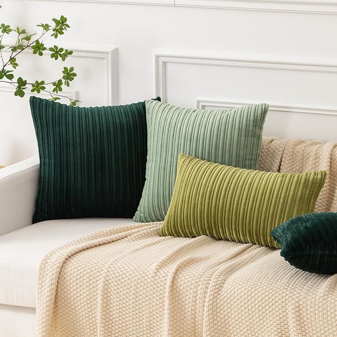 Kevin Textile Striped Corduroy 18”x18” Pillow Covers 2 Pack, Dark Green